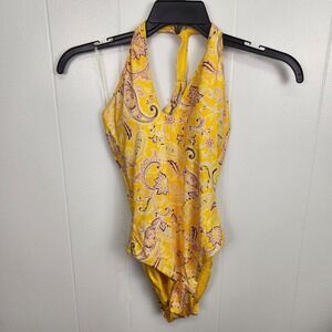 Sanctuary Swim Mango Paisley One‎ Piece Swimsuit Size S Halter Backless NWT